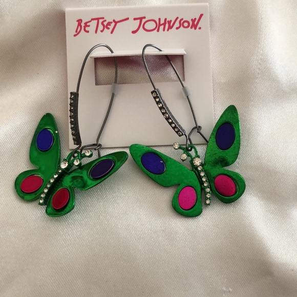 Betsey Johnson Hematite Tone Green Metallic Butterfly Drop Earrings NWT - Picture 5 of 10